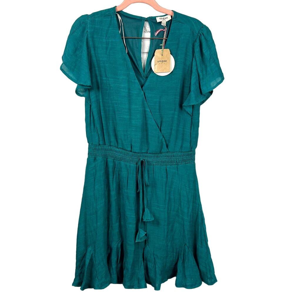 Umgee Gauzey V Neck Flutter Sleeve Mini Dress Teal Sz S NEW